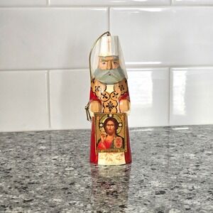 Russian Hand Carved Wood Orthodox  Priest Ornament Red Gold Jesus Icon 5.5in